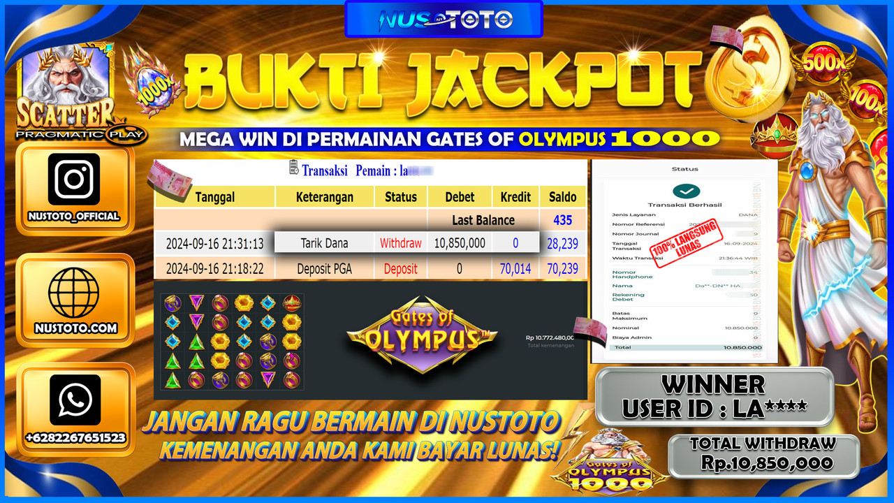 JACKPOT !! MENANG BESAR DI GATES OF OLYMPUS Rp.10.850.000 LANGSUNG DI BAYAR LUNAS NUSTOTO !!