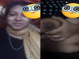 Cute smiling girlfriend boob show to lover