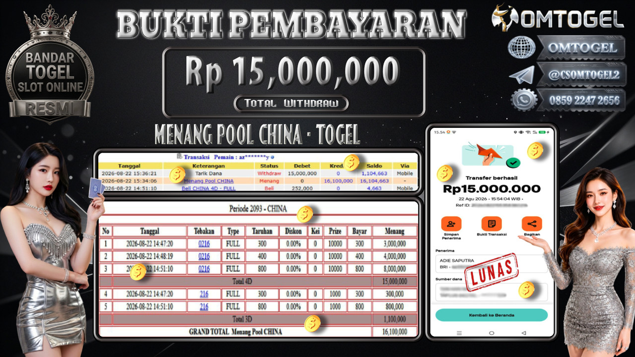 OMTOGEL JACKPOT MENANG POOL CHINA Rp,15,000,000,- DIBAYAR LUNAS