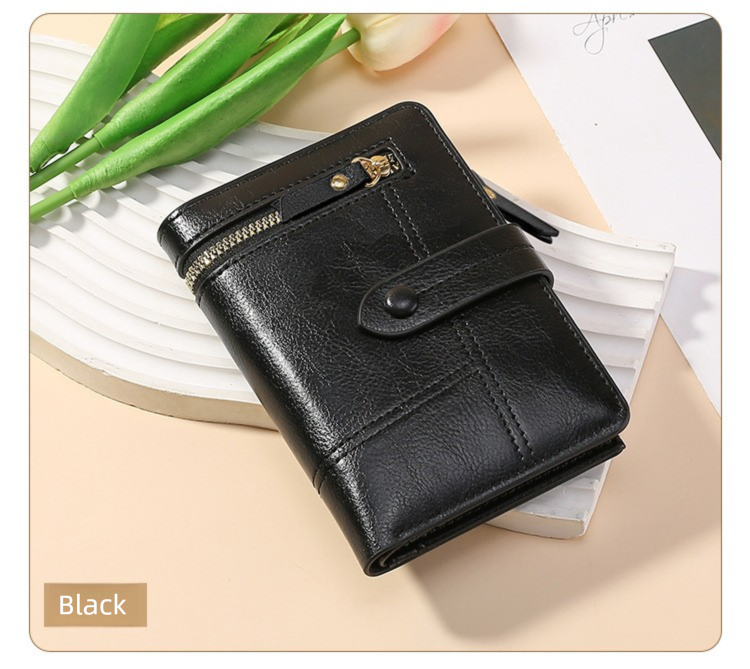 Black Soft PU Leather Women's Wallet – Compact Foldable Wallet with Multiple Card Slots and Zippered Compartment