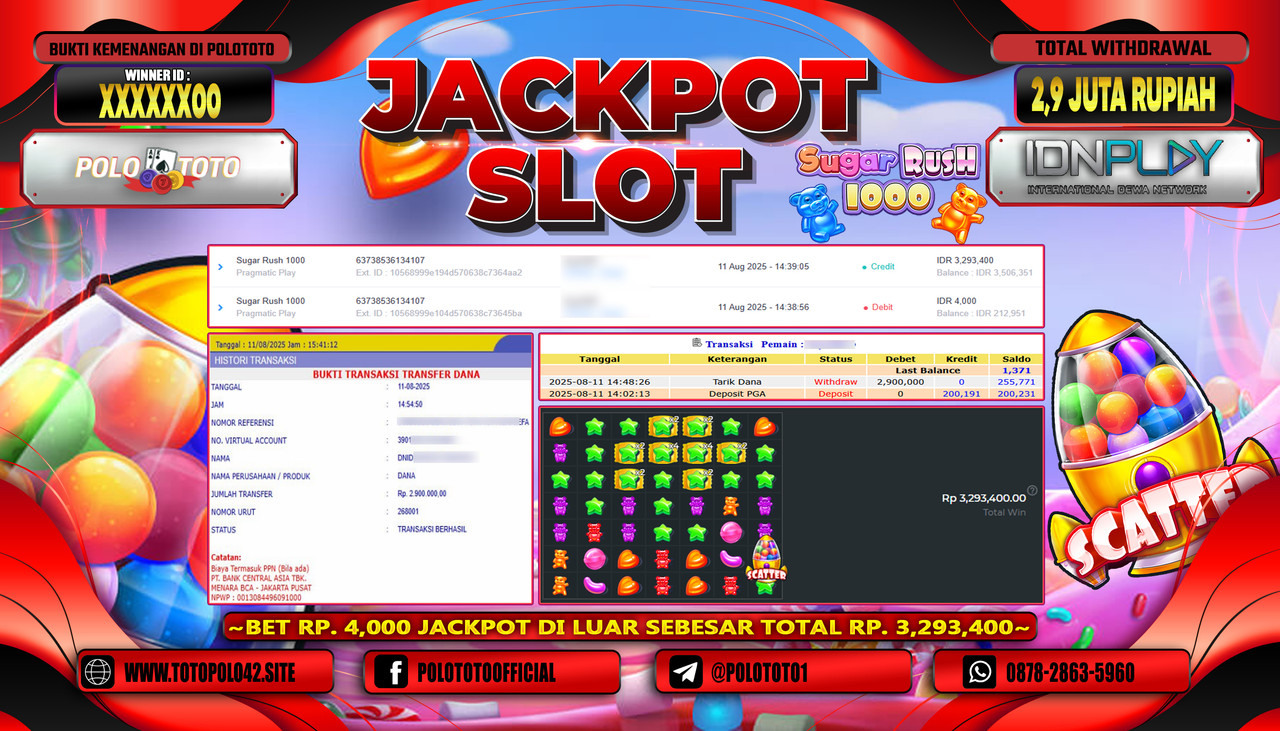 POLOTOTO JACKPOT SLOT SUGAR RUSH 1000 Rp.2.900.000,-LUNAS