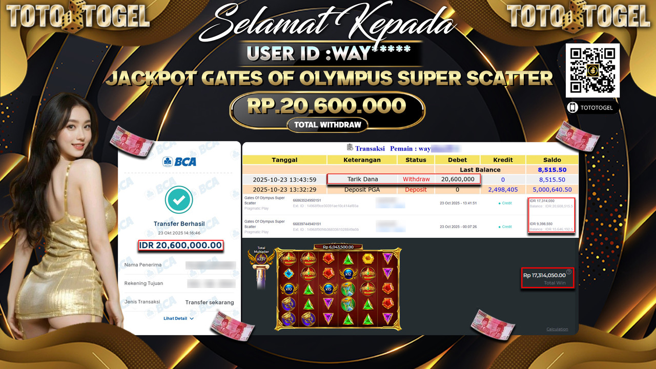 Bukti Pembayaran Jackpot Permainan Slot Gates Of Olympus Super Scatter ID:WAY**** LUNAS