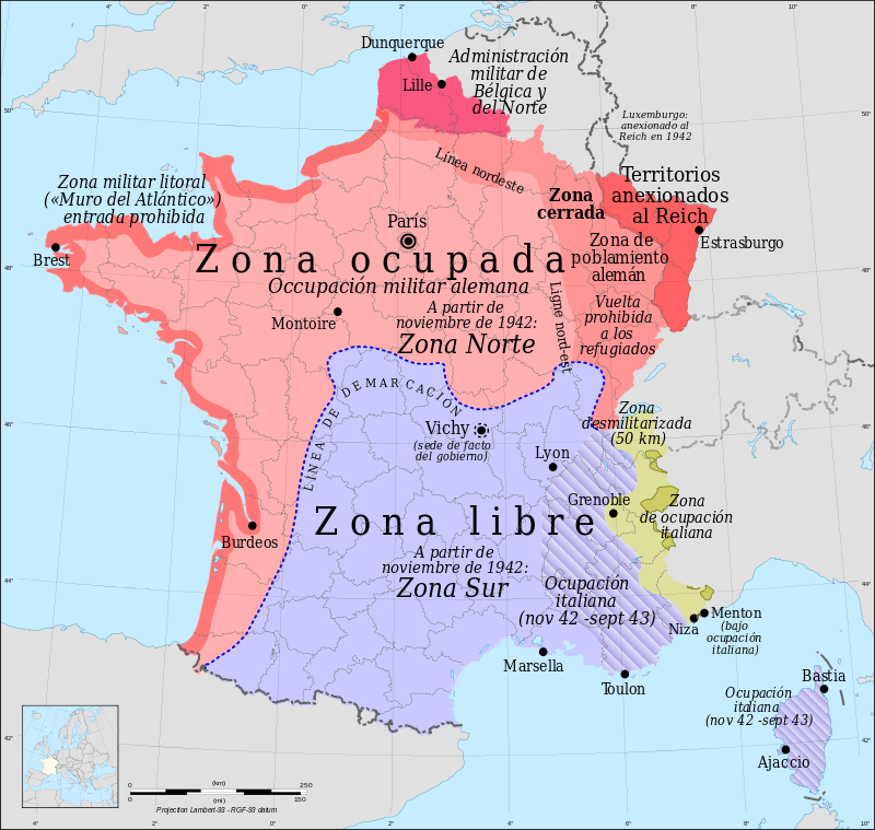 5 francos Mariscal Pétain. Estado Francés 1941. 800px-France-map-Lambert-93-with-regions-and-departments-occupation-es-svg