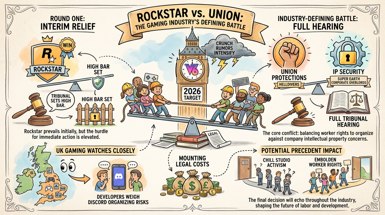 Rockstar vs Union Court Battle: GTA 6 Devs Fired Over Discord Leaks? 1 Corporate courtroom with lawyers presenting gaming industry case