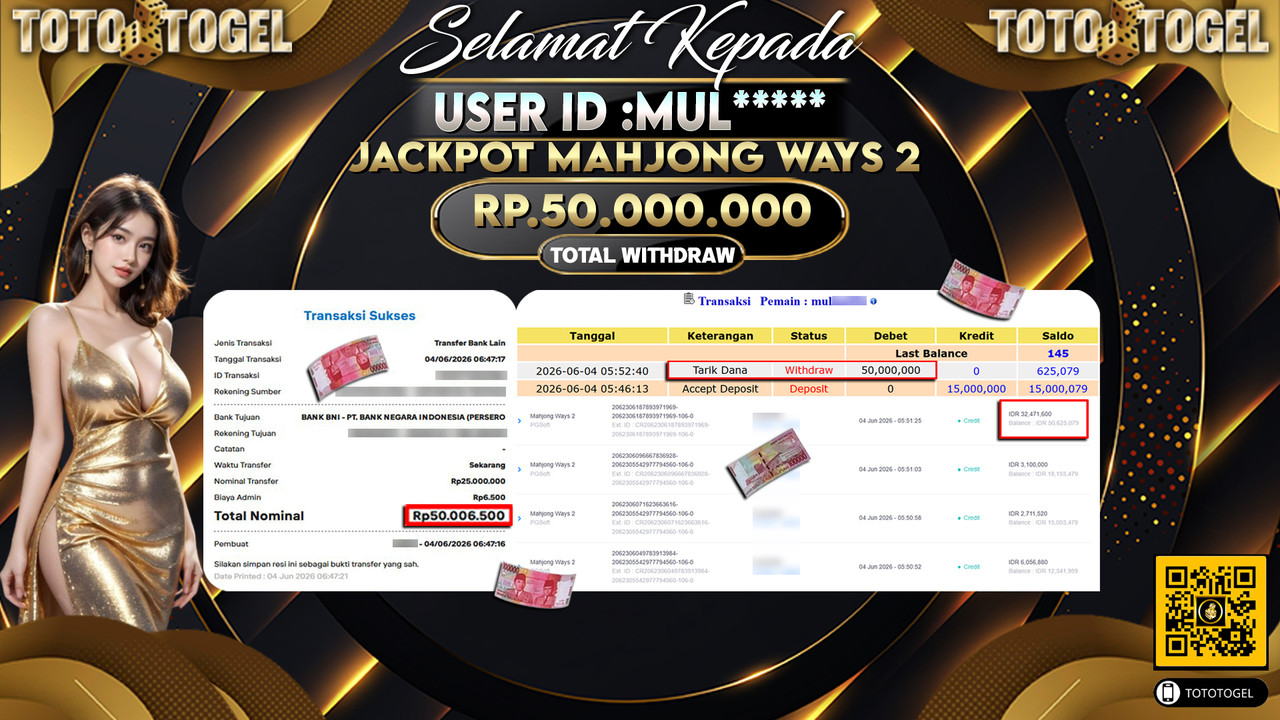 Bukti Pembayaran Jackpot Permainan Slot Mahjong Ways 2 ID:MUL*****LUNAS