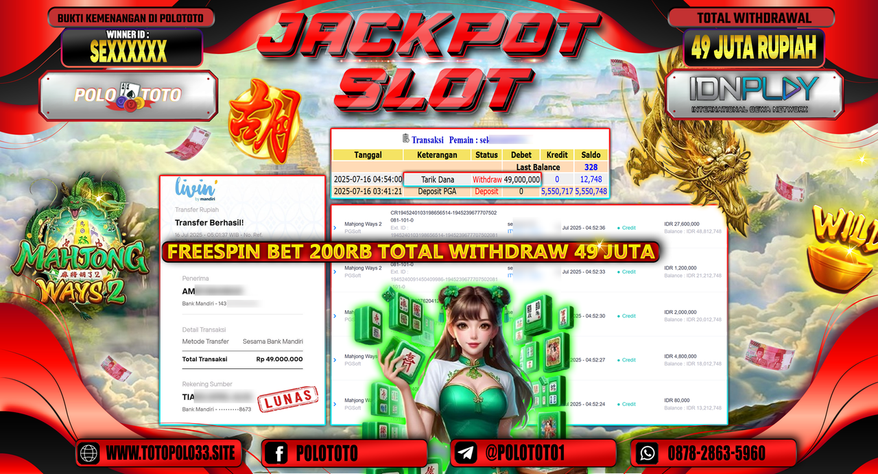 POLOTOTO JACKPOT SLOT MAHJONG WAYS 2 Rp.49.000.000,-