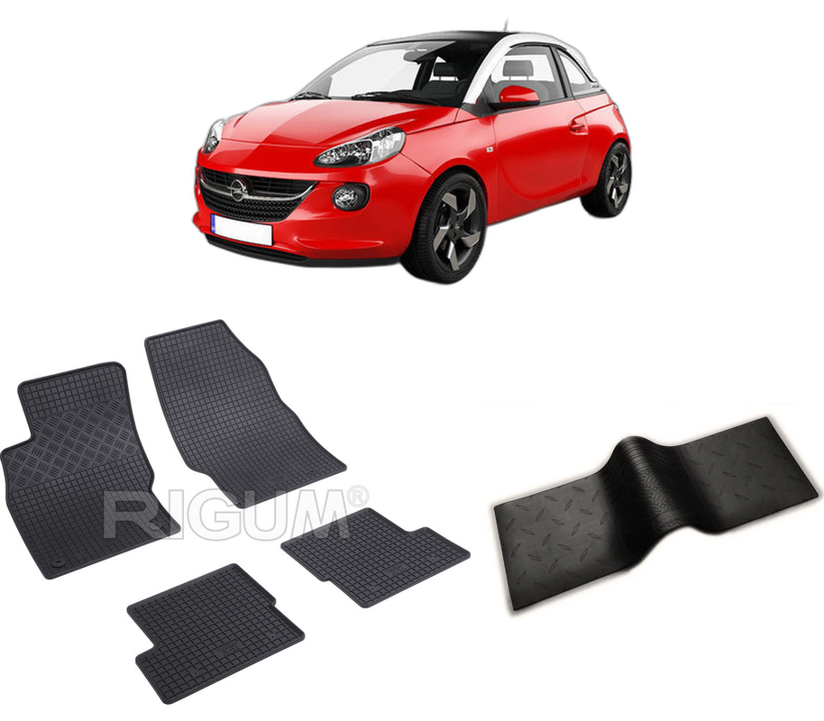 Set covorase auto OPEL ADAM din 01.2013-05.2019, cu covoras tunel median, CAROSERIE HATCHBACK, Presuri cauciuc 100%, compatibil cu autoturismul OPEL ADAM, Rigum
