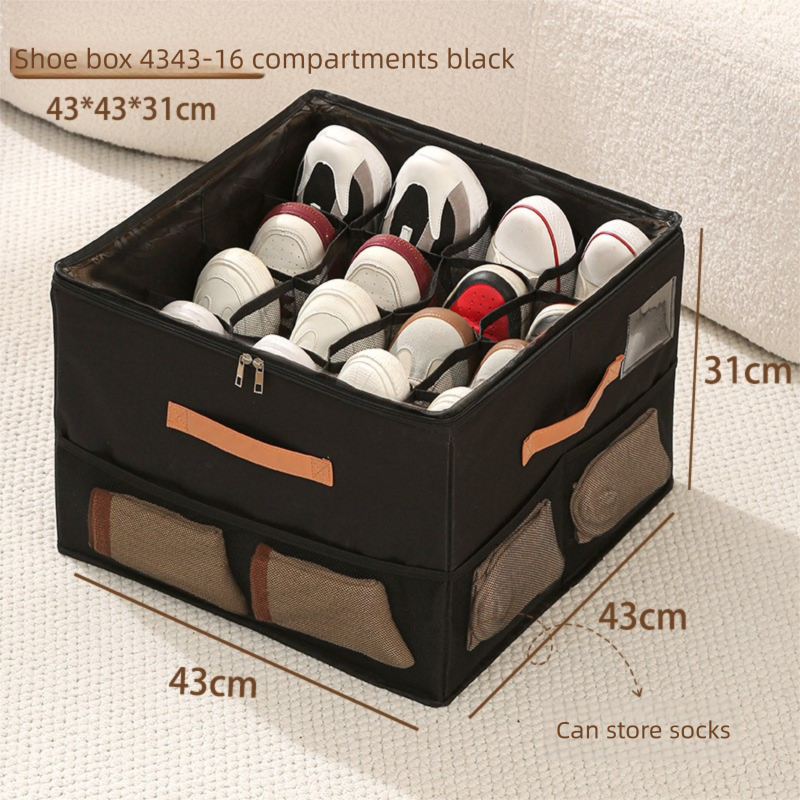 Extra Large Foldable Shoe Storage Box 16 Compartments with Side Pockets Clear Lid Wardrobe Organiser for Sneakers Socks 43cm Square Cube Black