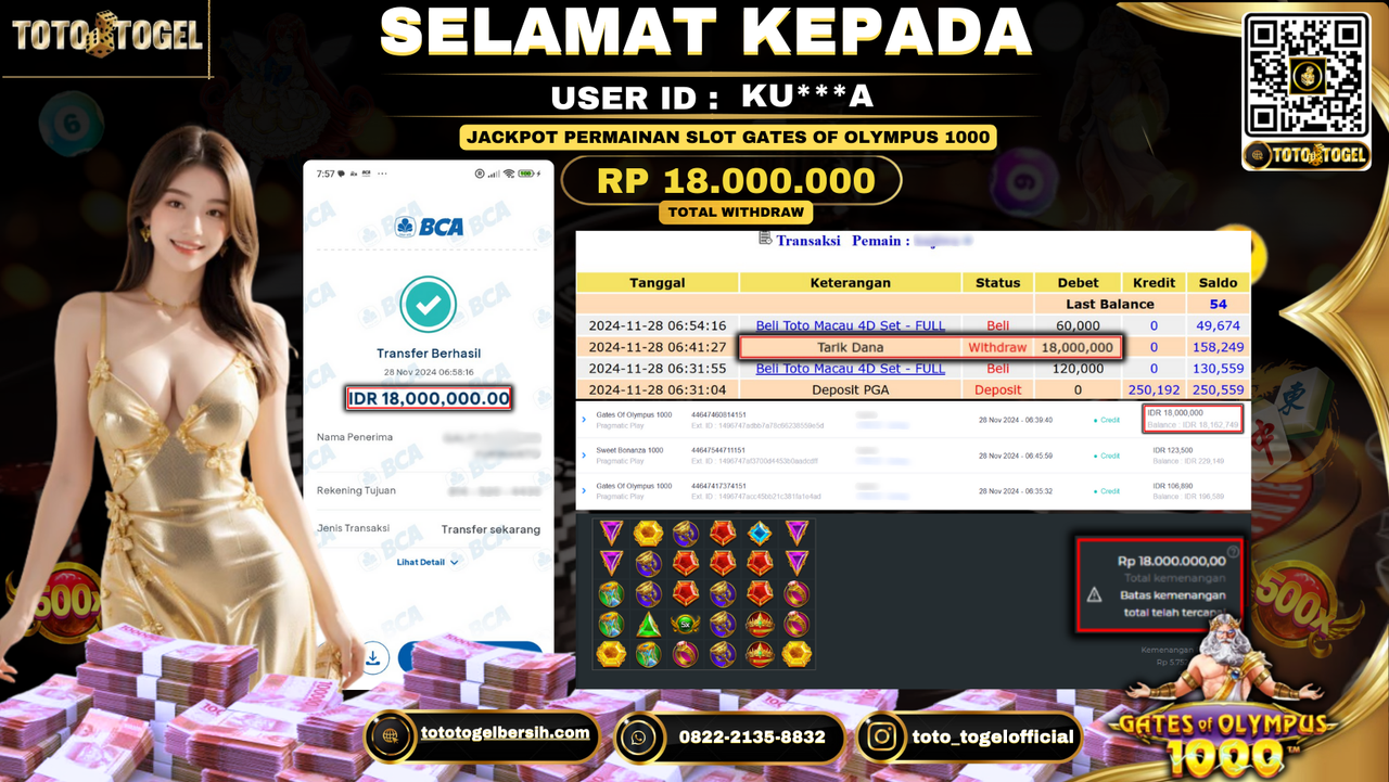 Bukti Pembayaran Jackpot Permainan Slot Gates Of Olympus 1000 ID: KU***A LUNAS 