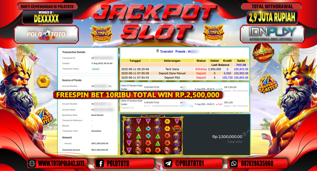 POLOTOTO JACKPOT SLOT GATES OF OLYMPUS SUPER SCATTER Rp.2.900.000,-LUNAS