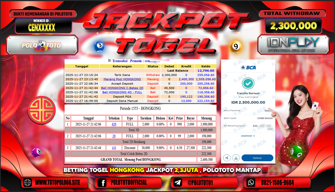 POLOTOTO JACKPOT TOGEL MENANG HONGKONG LOTTO Rp.2.300.000,- LUNAS