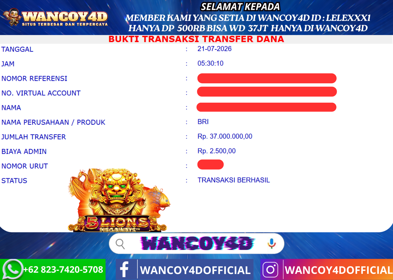 WANCOY4D 5 LIONS MEGAWAYS PRAGMATIC  RP.37.000.000 -LUNAS