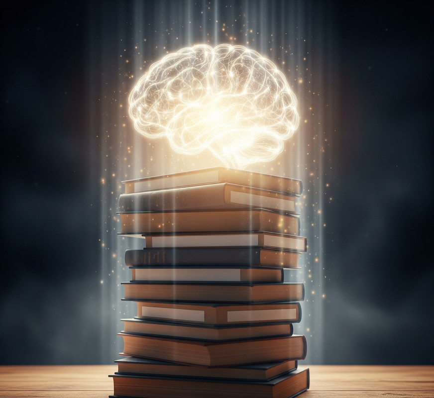 A stack of glowing, mind-changing books on a futuristic table.