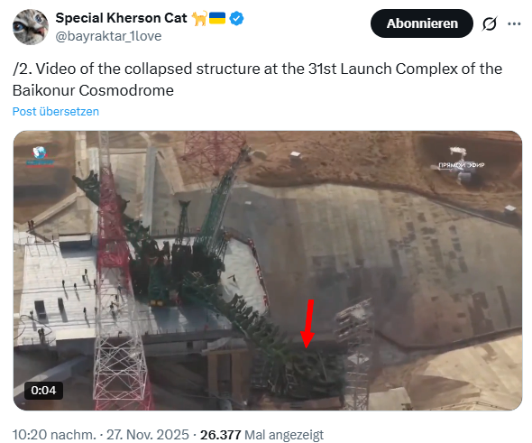 Eingestützter Startturm 31 in Baikonur