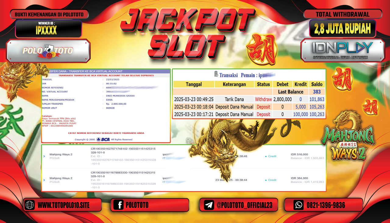 POLOTOTO JACKPOT SLOT MAHJONG WAYS 2 Rp.2.800.000,-