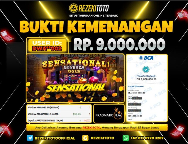 BUKTI KEMENANGAN 04 JULI 2025 BONANZA GOLDS 9 JUTA 