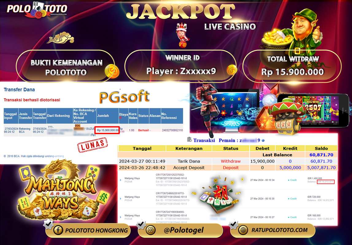 POLOTOTO BUKTI JACKPOT SLOT MAHJONG WAYS Rp 15.900.000,- LUNAS
