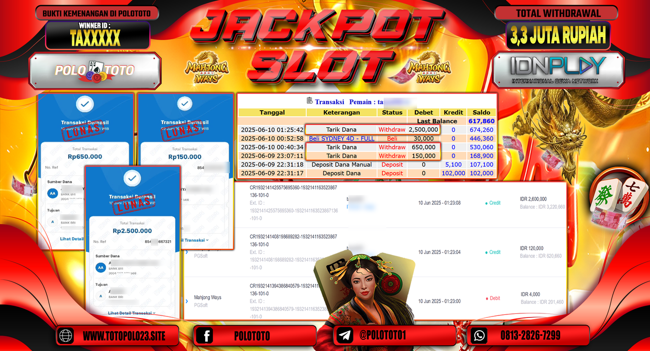 POLOTOTO JACKPOT SLOT MAHJONG WAYS Rp.3.300.000,-