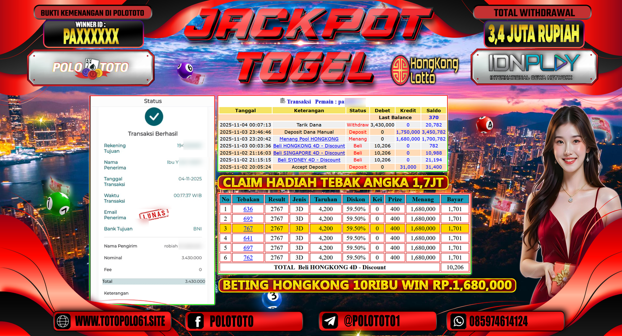 POLOTOTO JACKPOT TOGEL MENANG HONGKONG LOTTO Rp.3.400.000,- LUNAS