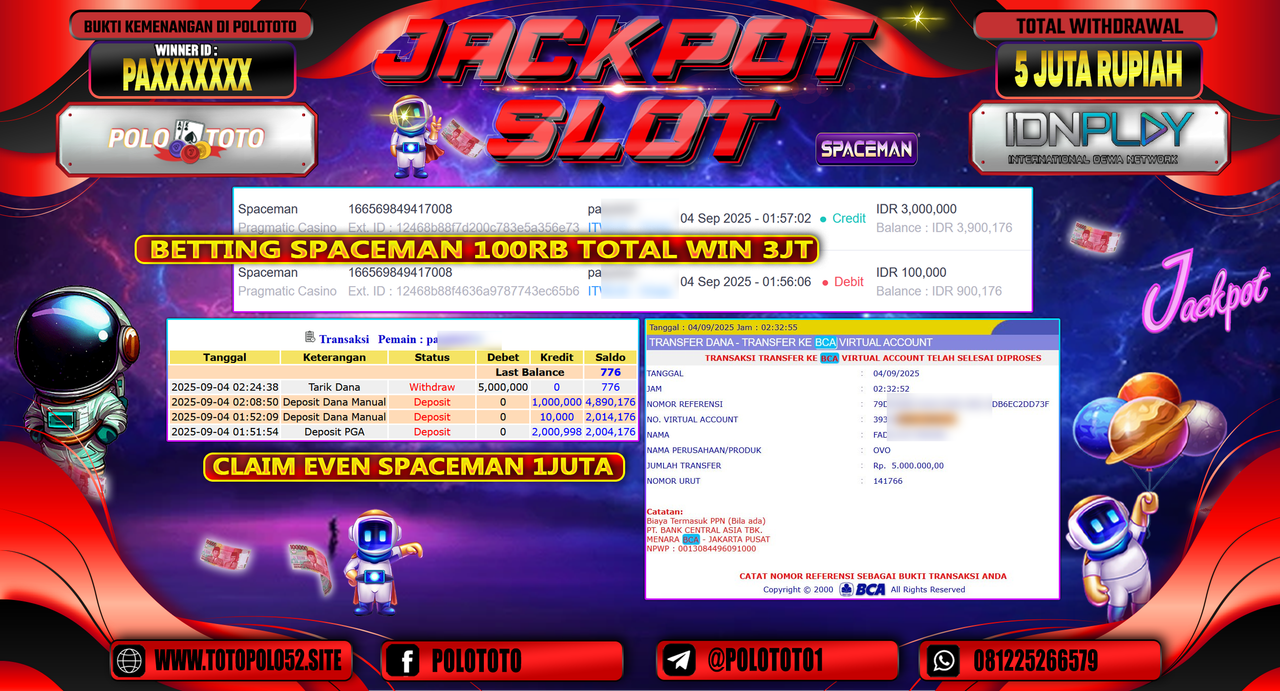 POLOTOTO JACKPOT SLOT SPACEMAN Rp.5.000.000,-
