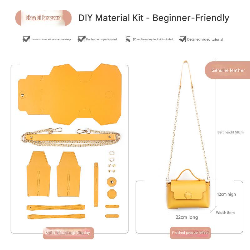 Khaki brown Leather Bag DIY Kit – Geometric Shoulder Bag Making Material Set with Pre-Punched Cowhide, Tools for Hand Stitching