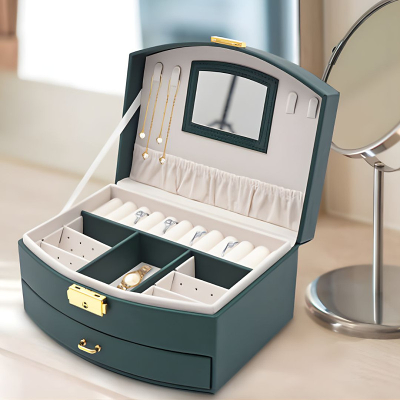 Multi-Tier PU Leather Jewelry Organizer Box with Mirror and Drawer