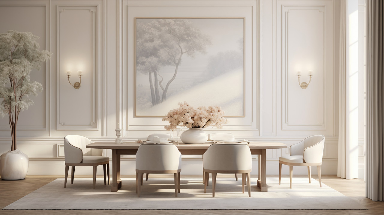 Contemporary Dining Room Design With Two-Tone Chairs and Cabinetry