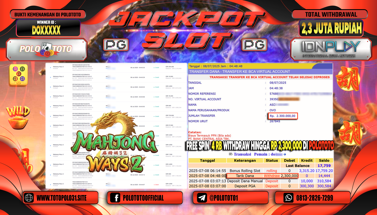 POLOTOTO JACKPOT SLOT MAHJONG WAYS 2 Rp.2.300.000,-