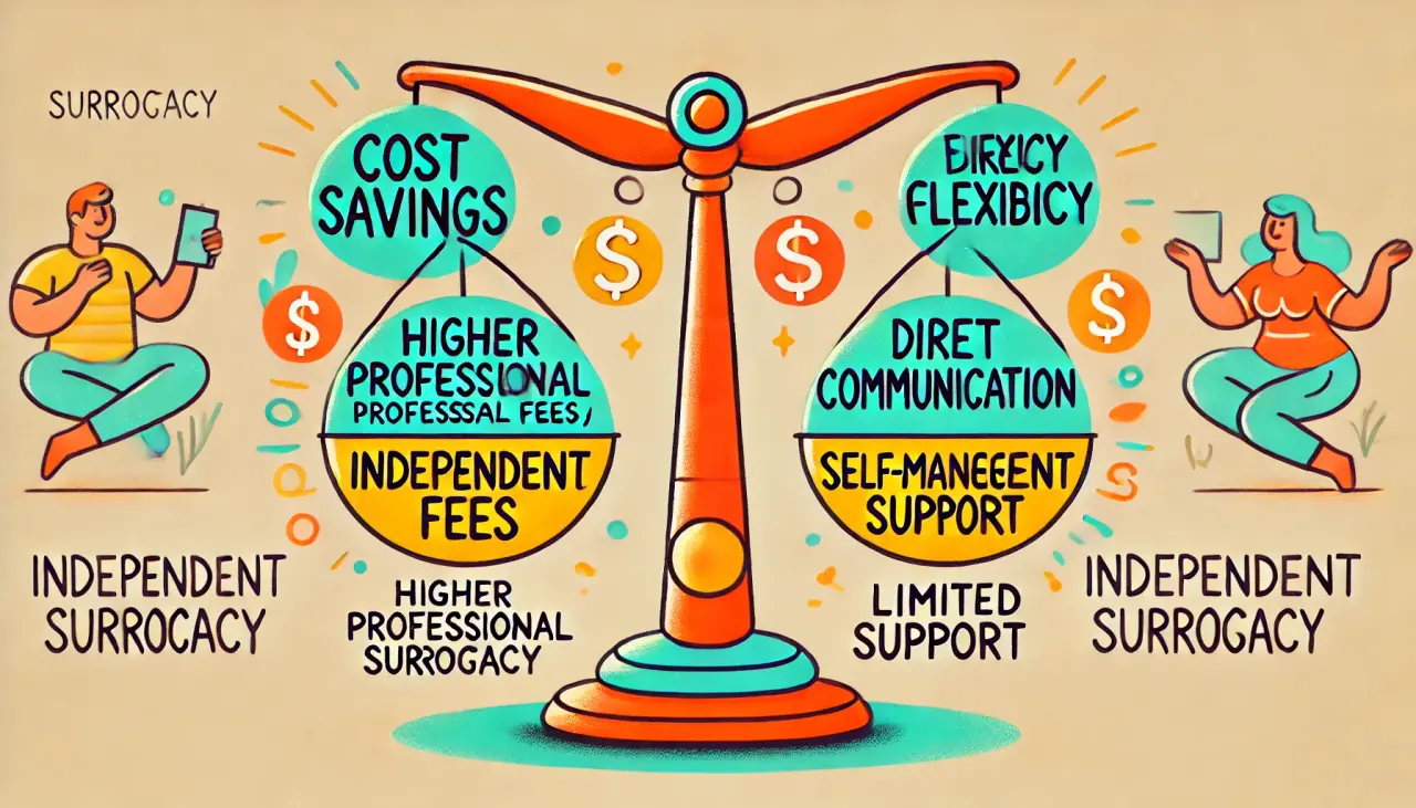 Illustration showing the pros and cons of independent surrogacy, with benefits like cost savings and flexibility balanced against challenges such as self-management.
