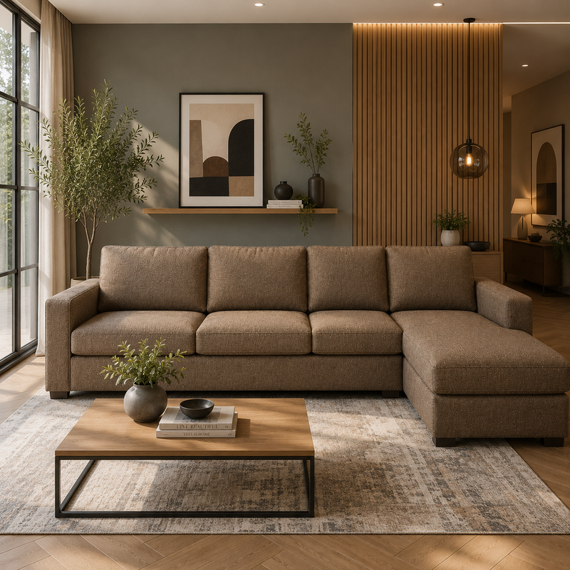 كنبة زاوية رُكنة على شكل حرف L بتصميم عصري قماش عالي الجودة - اللون بنى - مقاس 280 / 180 × 85 × 85 سم