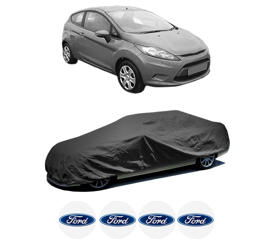 Husa tip prelata auto pentru FORD FIESTA VI (CB1, CCN) din 2008-2018, Culoare Negru, material textil impermeabil, rezistanta la intemperii praf UV, CARPASSION Husa Protectie, 4 Stickere auto cu FORD