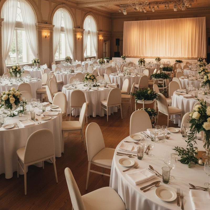 Процесс подготовки банкетного зала: расстановка мебели и сервировка, демонстрирующие, как аренда столов оптимизирует организацию пространства.