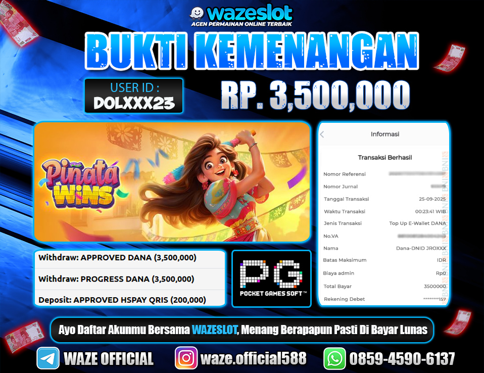 BUKTI KEMENANGAN 25 SEPTEMBER 2025 GAME PINATA WINS ( PG SOFT )