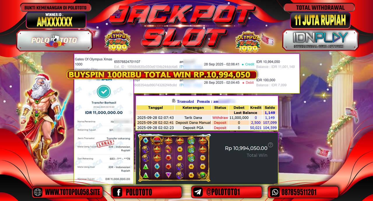 POLOTOTO JACKPOT SLOT GATES OF OLYMPUS XMAS 1000 Rp.11.000.000,- LUNAS