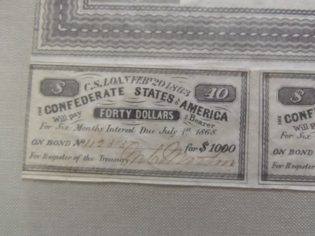Bono de guerra de los Estados Confederados de América (CFS) de 1000 Dólares. Richmond (Virginia). 2 de Marzo de 1863. IMGP4095