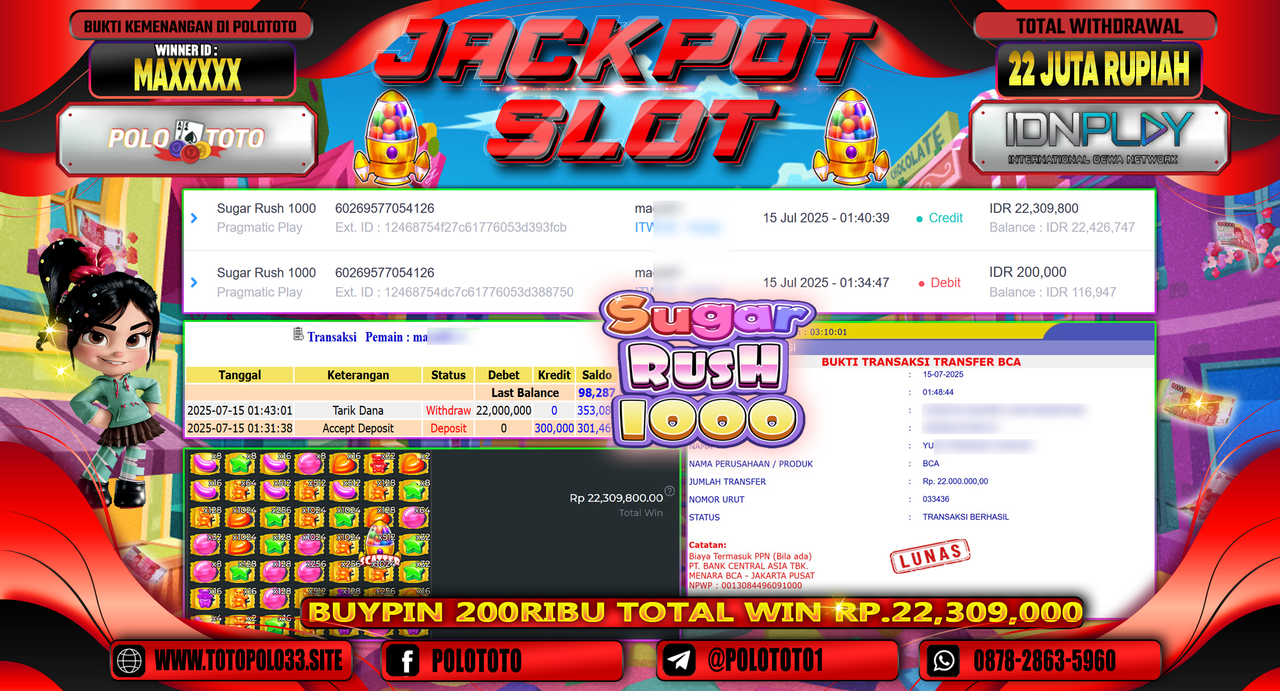 POLOTOTO JACKPOT SLOT SUGAR RUSH 1000 Rp.22.000.000,-