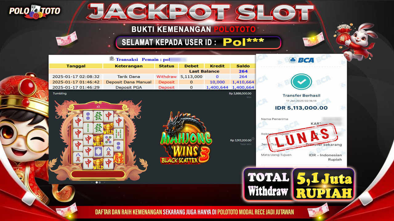 POLOTOTO JACKPOT SLOT MAHJONG WINS BLACK SCATTER 3 Rp.5,113.000,-
