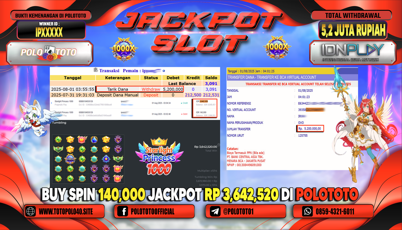 POLOTOTO JACKPOT SLOT STARLIGHT PRINCESS 1000 Rp.5.200.000,-LUNAS