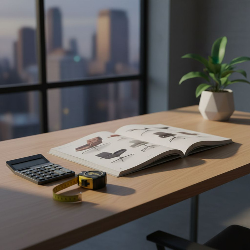 Анализ факторов, влияющих на стоимость аренды мебели, на примере калькулятора и каталога на рабочем столе.