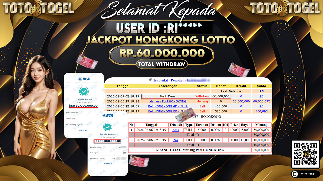 Bukti Pembayaran Jackpot Permainan Togel Hongkong Lotto ID:RI*****LUNAS