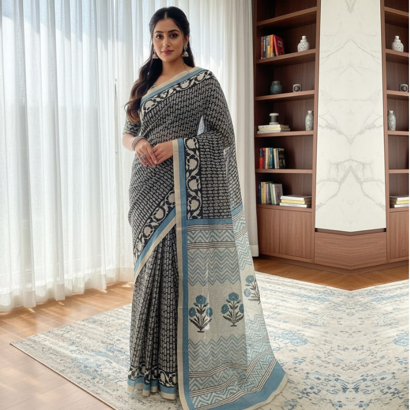 Handblock Printed Kota Doriya Saree | Lightweight Checked Weave Cotton Silk | Summer Ethnic Wear