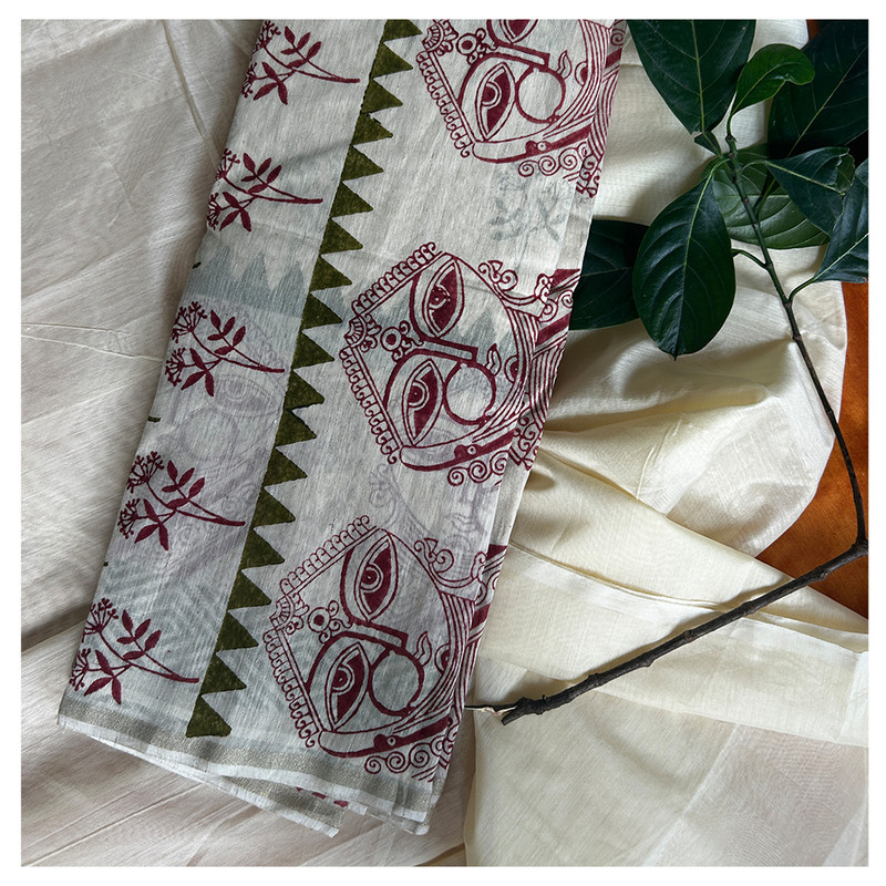 Hand Block Printed Cream Color Saree with Lady face