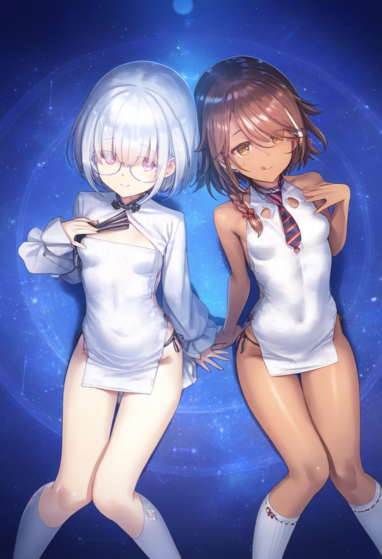 2girls, ks (xephyrks), ohlia, {kobayashi ritz}, reoen, [[liduke]], {{shiny skin} s-396607452