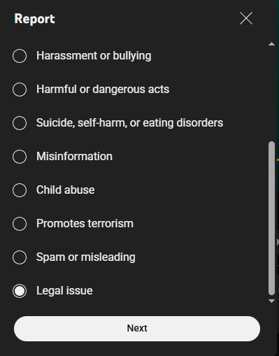 A cropped youtube screenshot with several options legal issue is selected