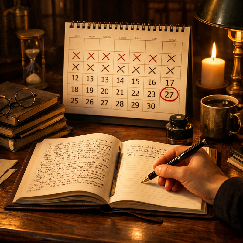 Mesa de estudos com calendário marcando dias de escrita diária consistente, tinta tinteiro e caderno aberto