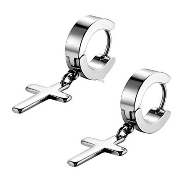 Orecchini A Cerchio Neri In Acciaio Inossidabile Con Pendenti A Croce, Perlina E Catena, Unisex, Lucidi