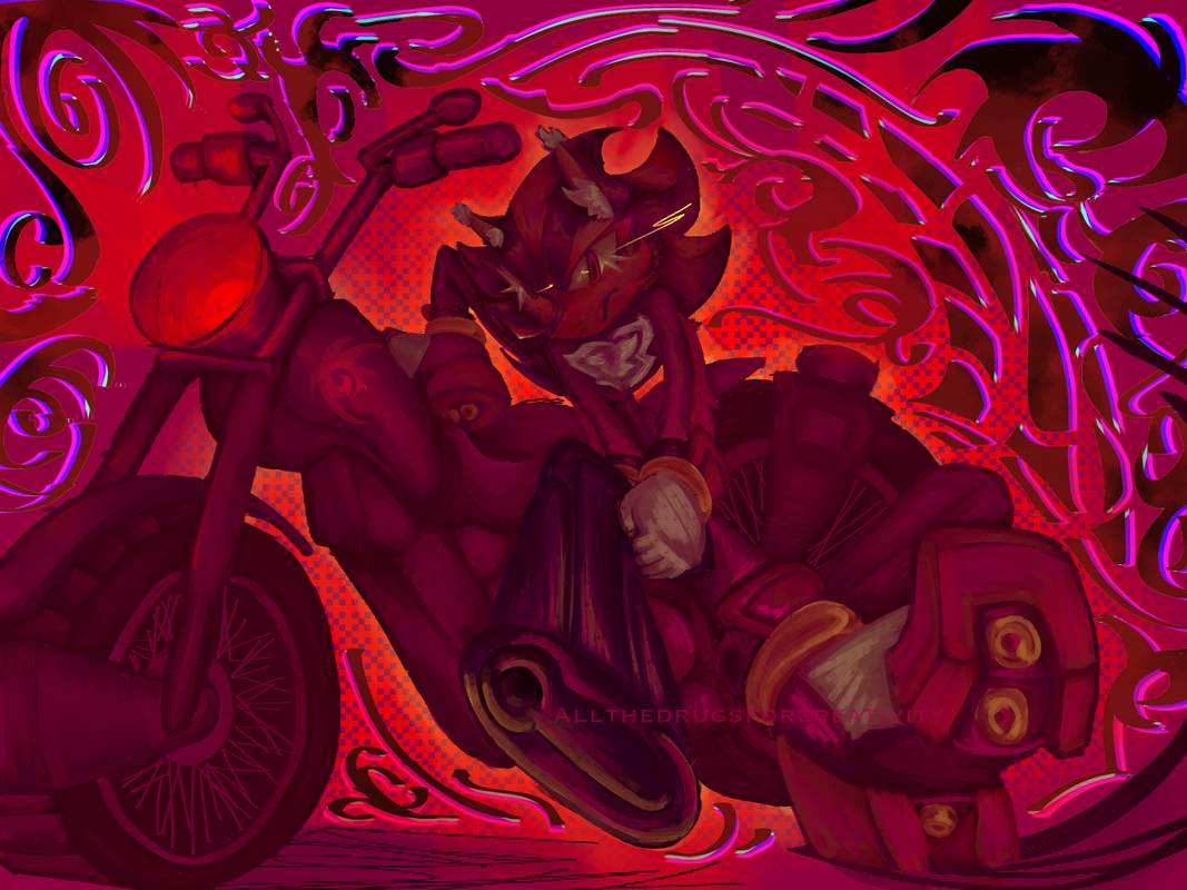 A digital art peice of Shadow The Hedgehog on a motorcycle