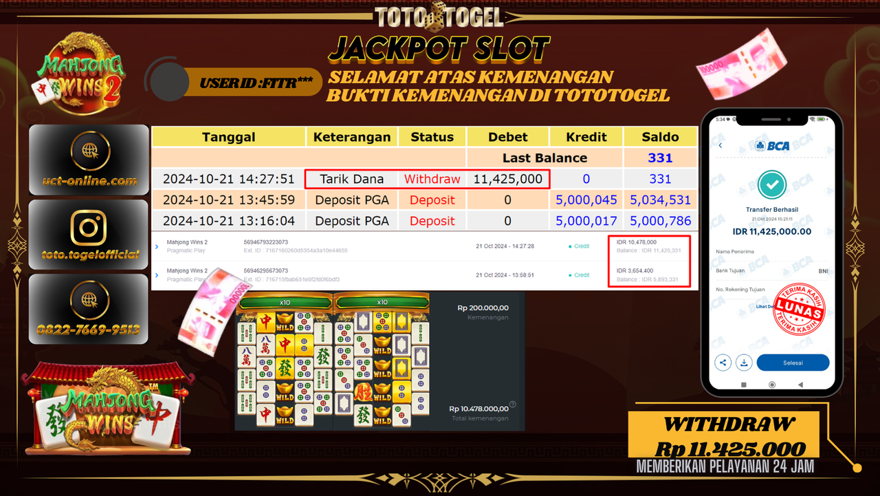 Bukti Pembayaran Permainan Jackpot Slot Mahjong Wins 2  1000 Dengan ID : FITR*** LUNAS