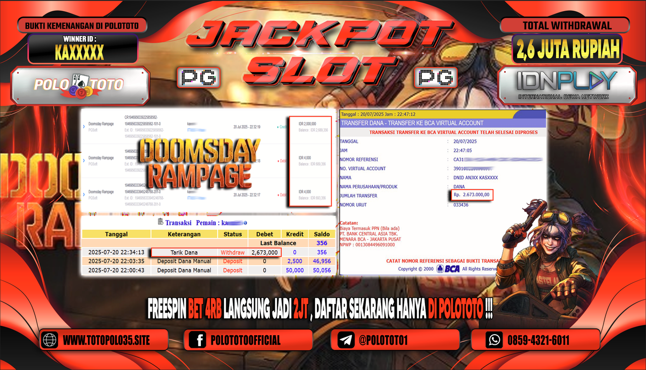 POLOTOTO JACKPOT SLOT DOOMSDAY RAMPAGE Rp.2.600.000,- LUNAS