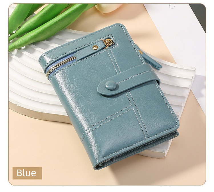 Blue Soft PU Leather Women's Wallet – Compact Foldable Wallet with Multiple Card Slots and Zippered Compartment